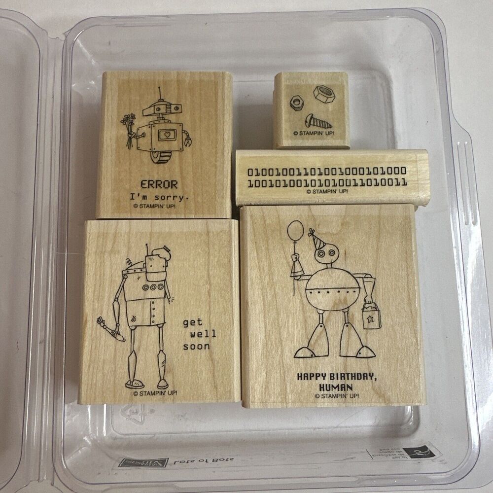 Stampin Up LOTS OF BOTS Wood Stamp Set of 5 Robots Happy Birthday Get Well Soon